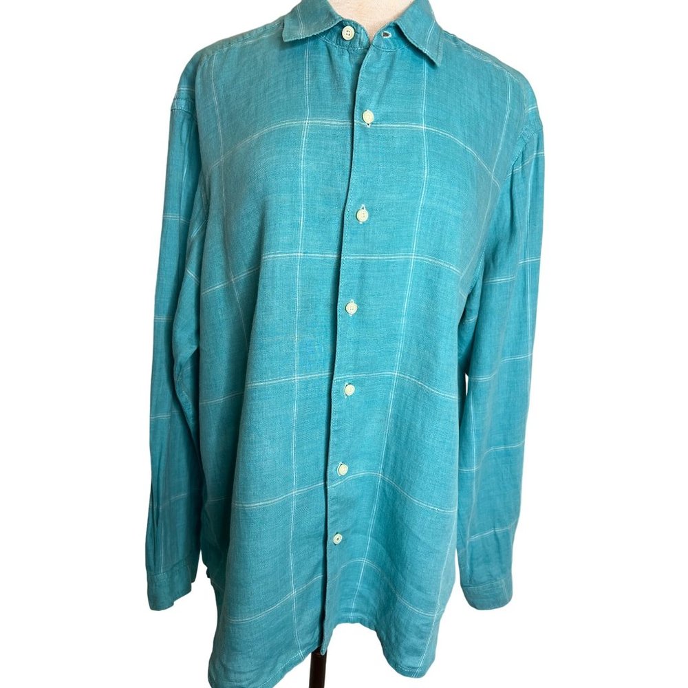 Tommy Bahamas relax men’s large button front shirt long sleeve collar blue and w